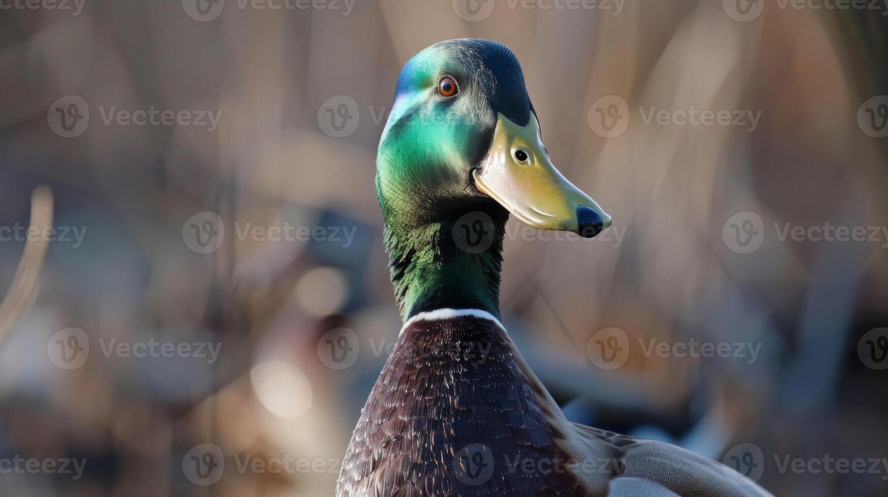 Close-up portrait of a mallard duck with detailed feathers and orange eyes in nature photo