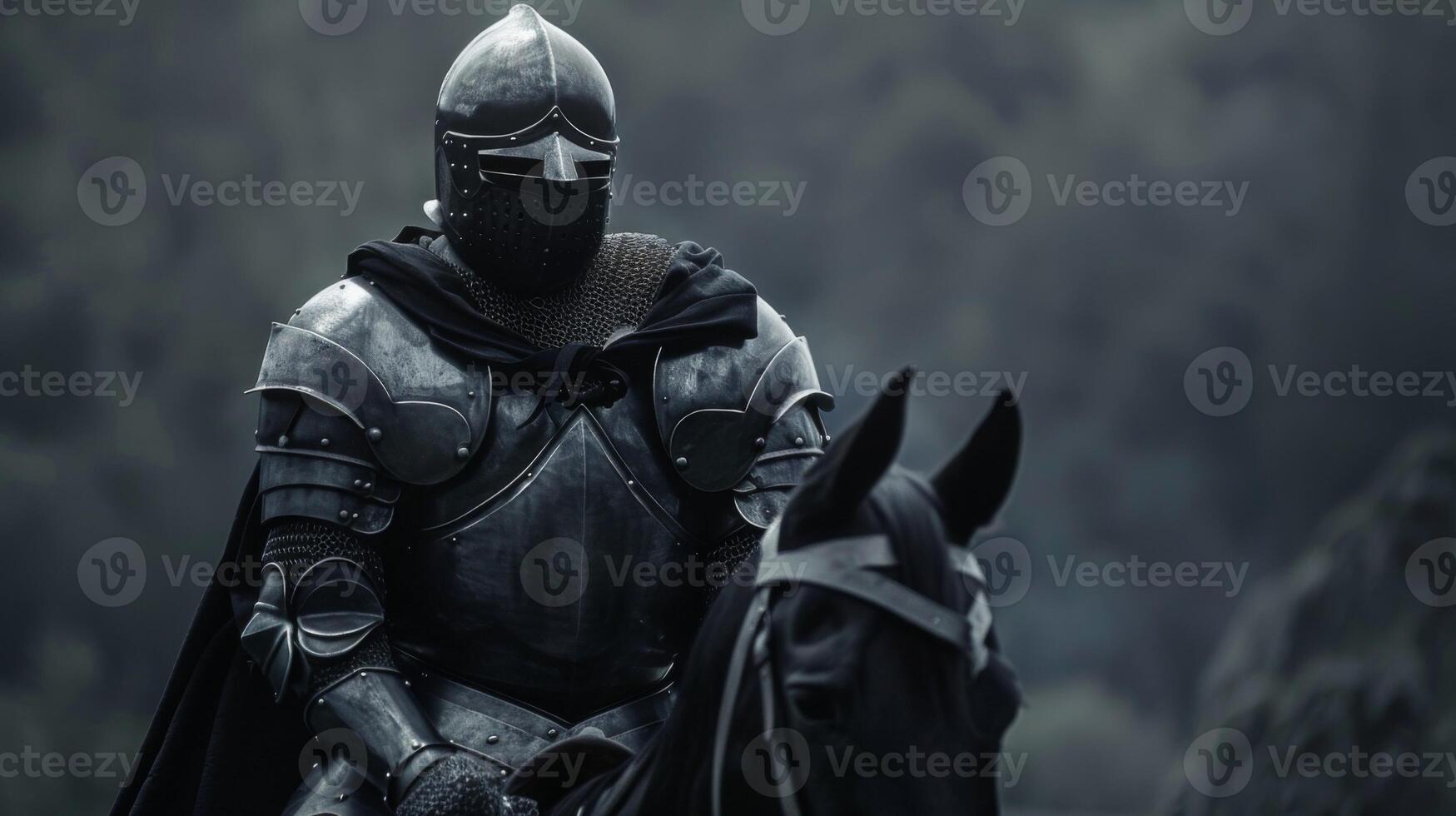 Teutonic Knight in full armor with horse amidst a mysterious forest setting photo