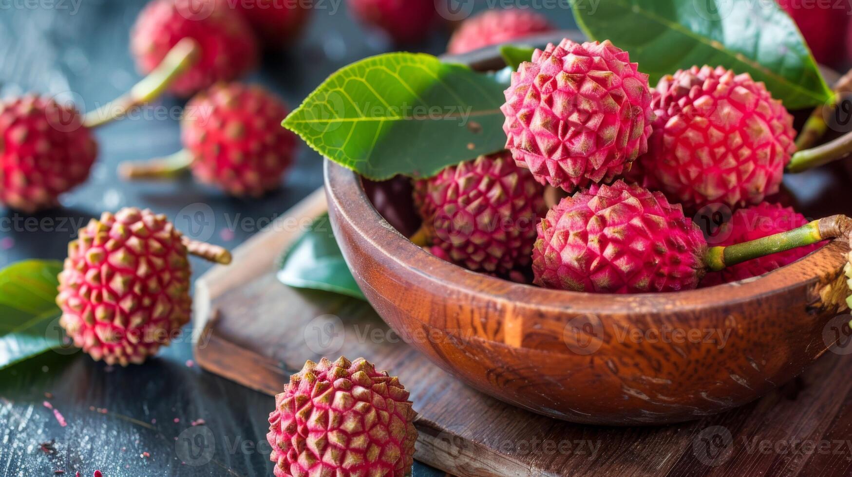 Fresh lychee fruit in a wooden bowl with tropical leaves, representing an exotic and delicious treat photo