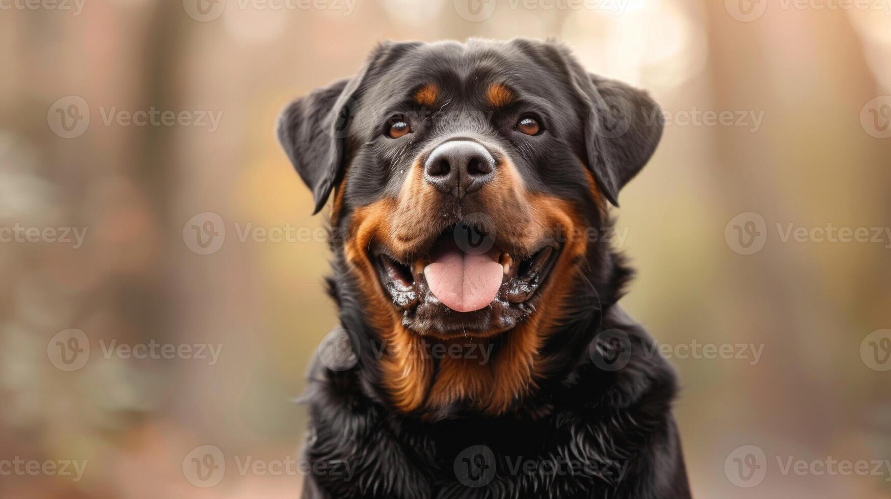 de cerca retrato de un simpático Rottweiler perro con bokeh antecedentes en naturaleza foto
