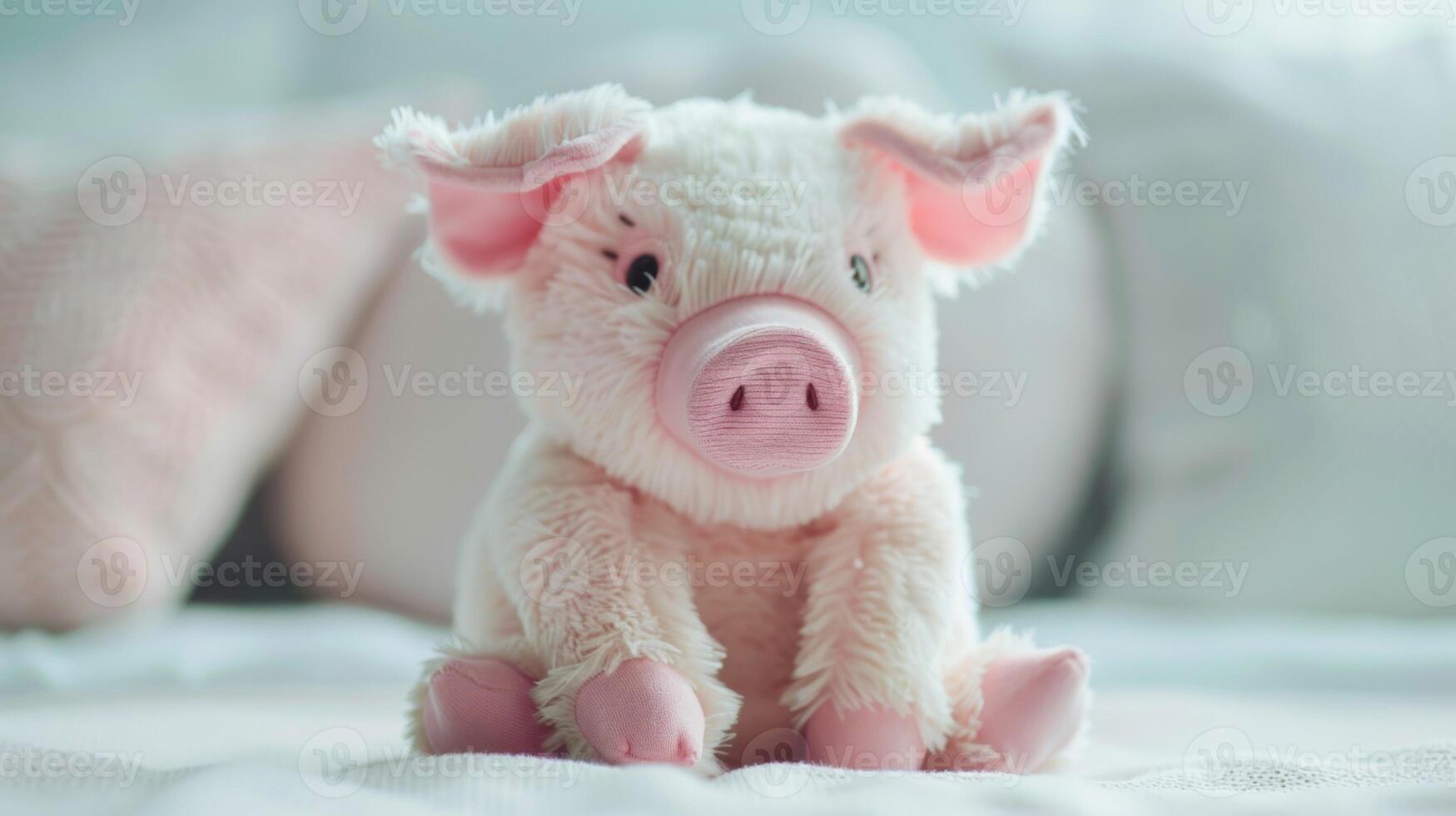 Cute pink plush pig toy with soft and fluffy texture sitting comfortably photo