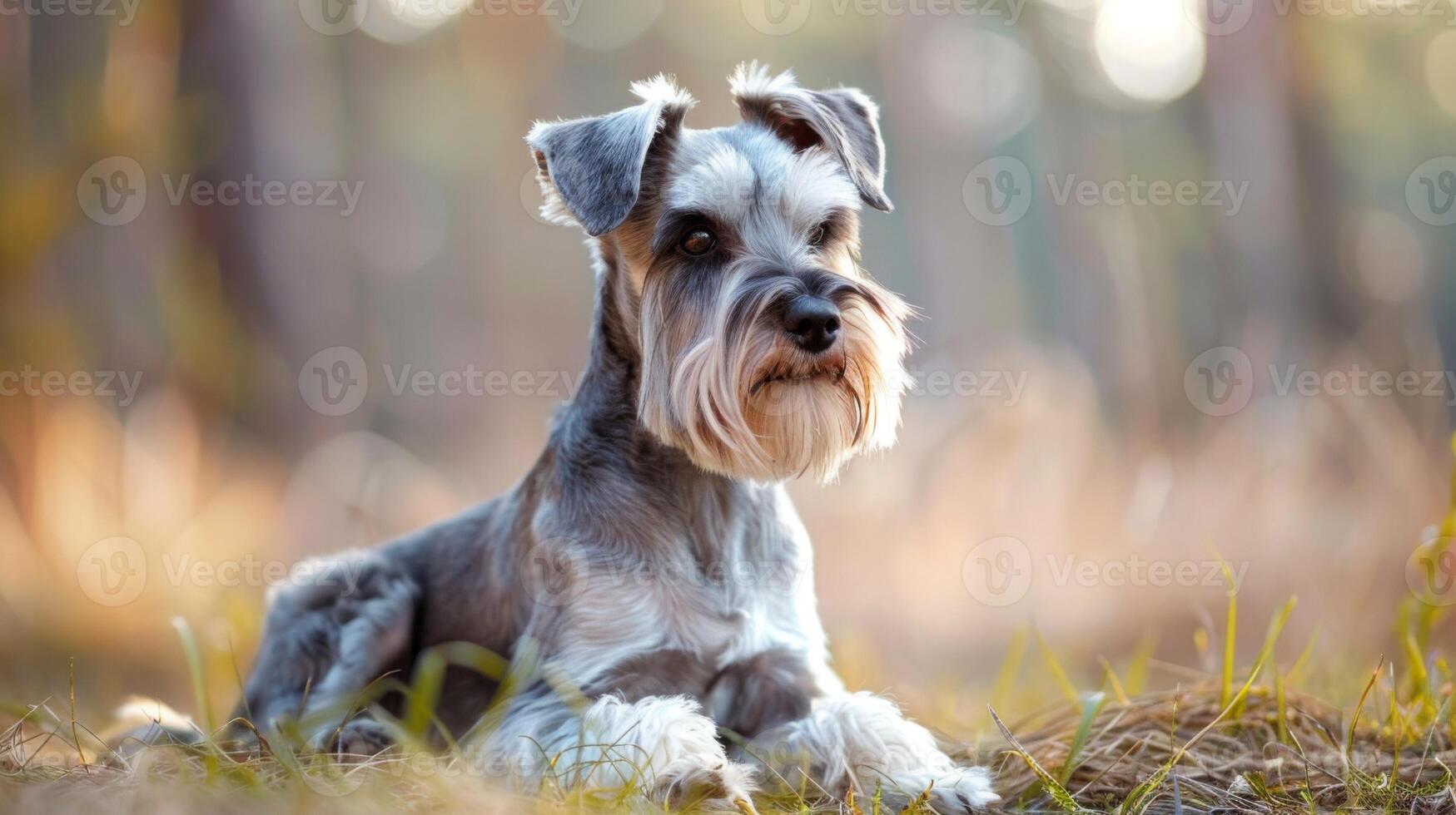 Miniature Schnauzer dog portrait with natural bokeh background displaying calm and cute canine features photo