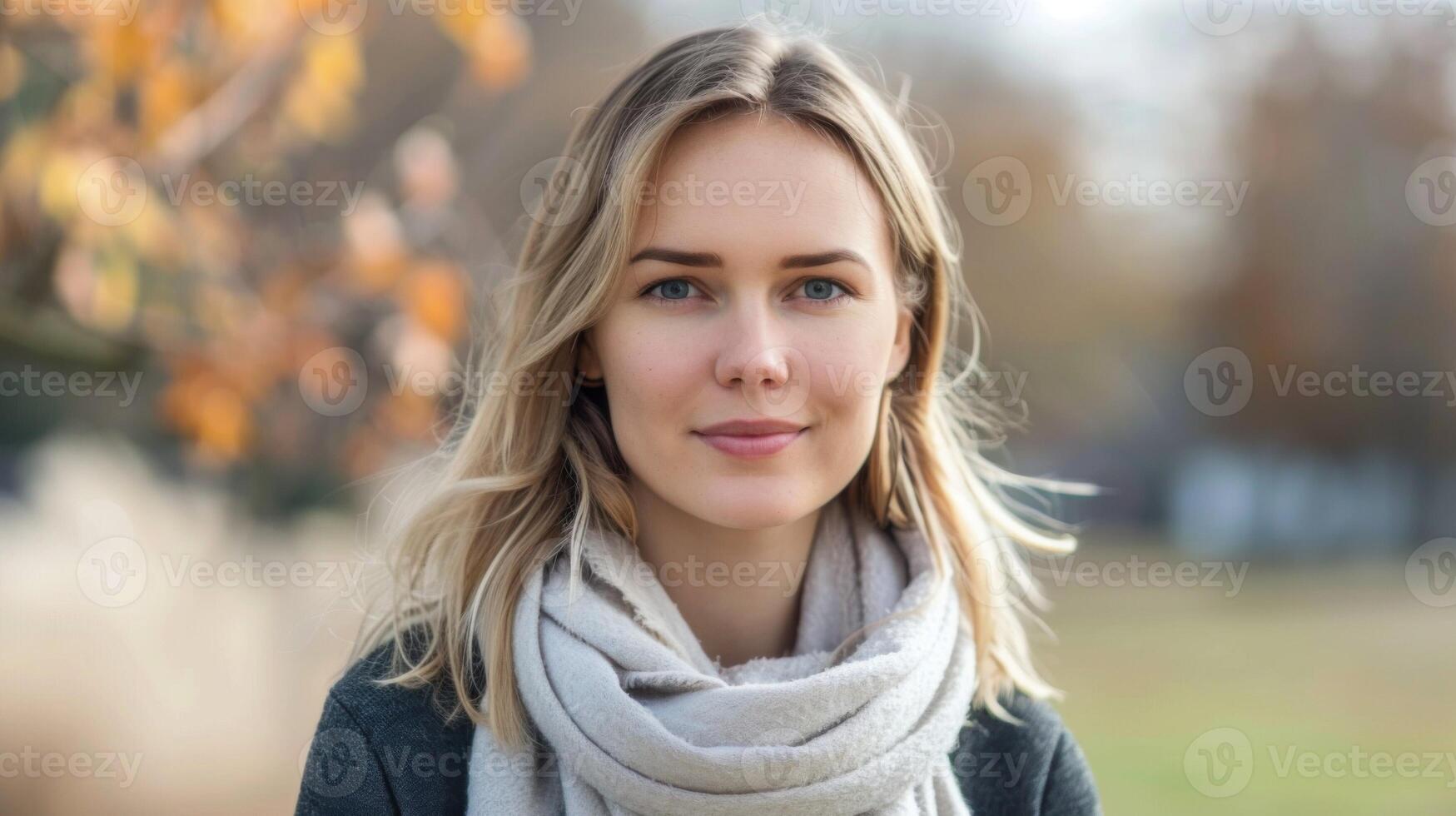 retrato de un mujer con rubia pelo y bufanda disfrutando otoño rodeado por natural ligero y bokeh foto