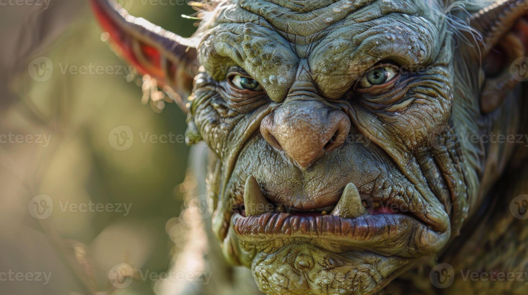 Close-up of an ogre with fantasy creature features, monster horns, mythical fangs, and detailed makeup. photo