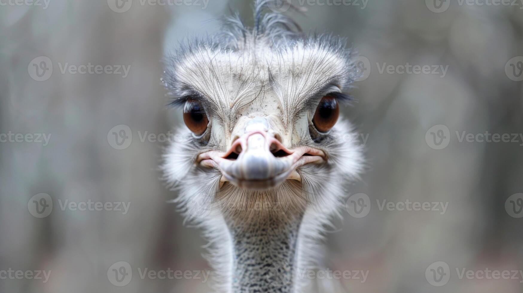 Close-up portrait of an ostrich with detailed feathers, eyes, and beak in a natural depth-of-field setting photo