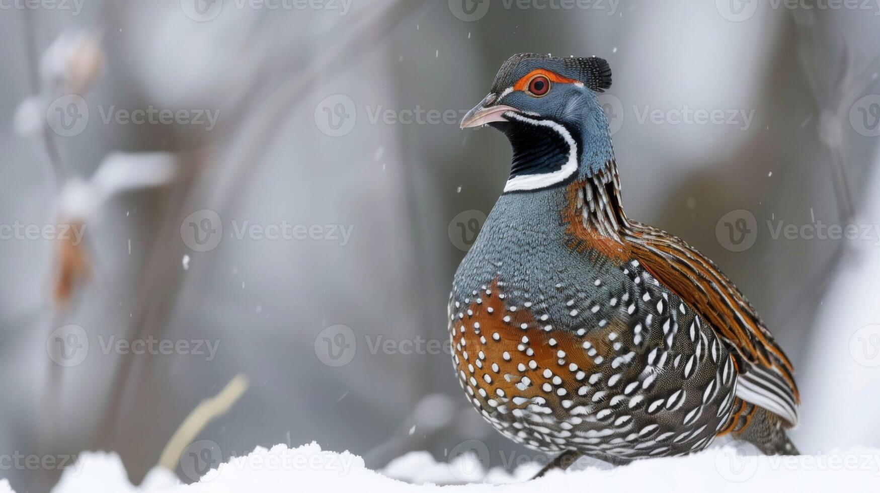 codorniz en nieve exhibiendo vibrante plumaje en medio de tranquilo fauna silvestre habitat foto