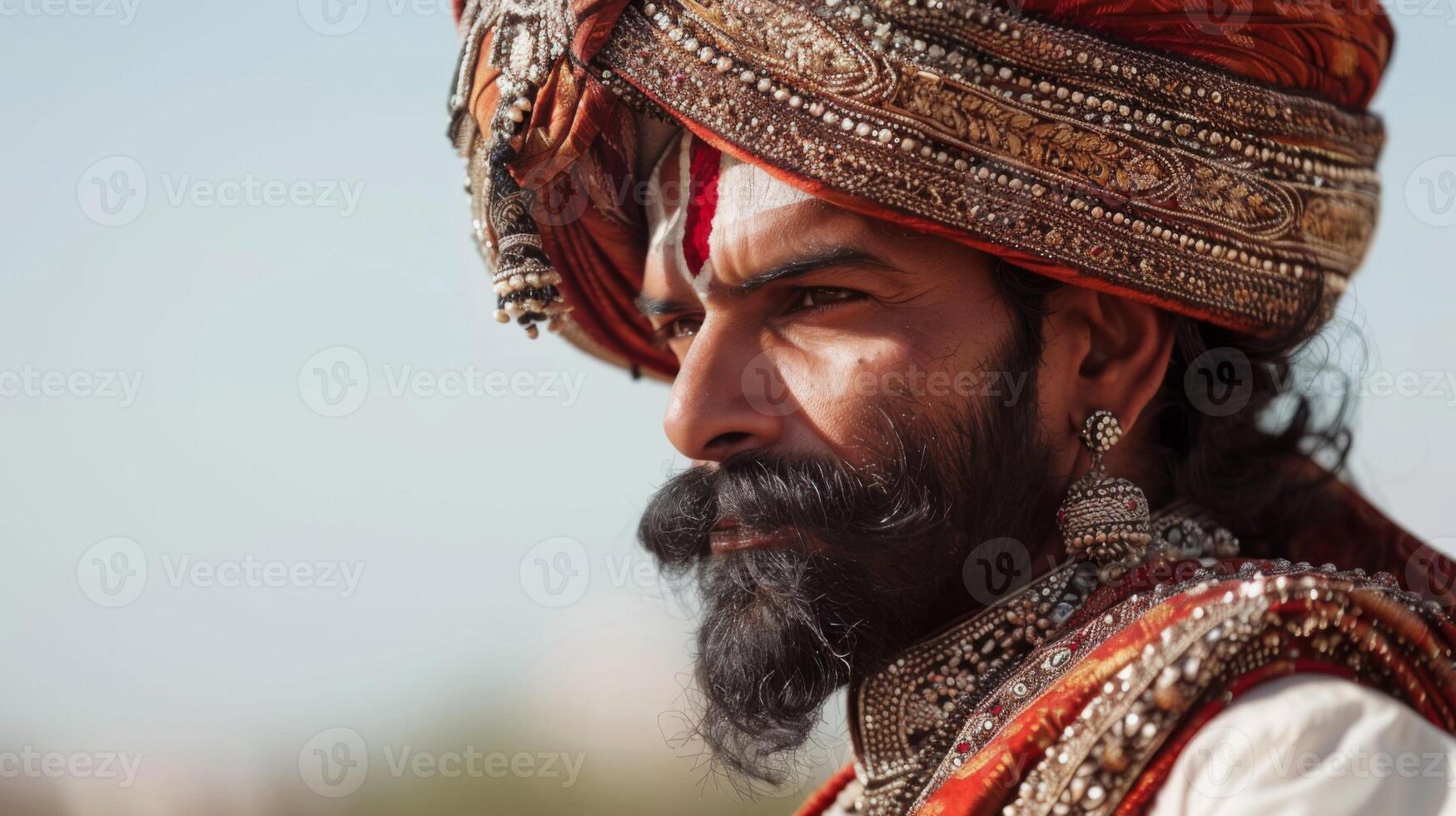 Rajput warrior in traditional turban and Indian culture costume displays historical royalty in portrait photo