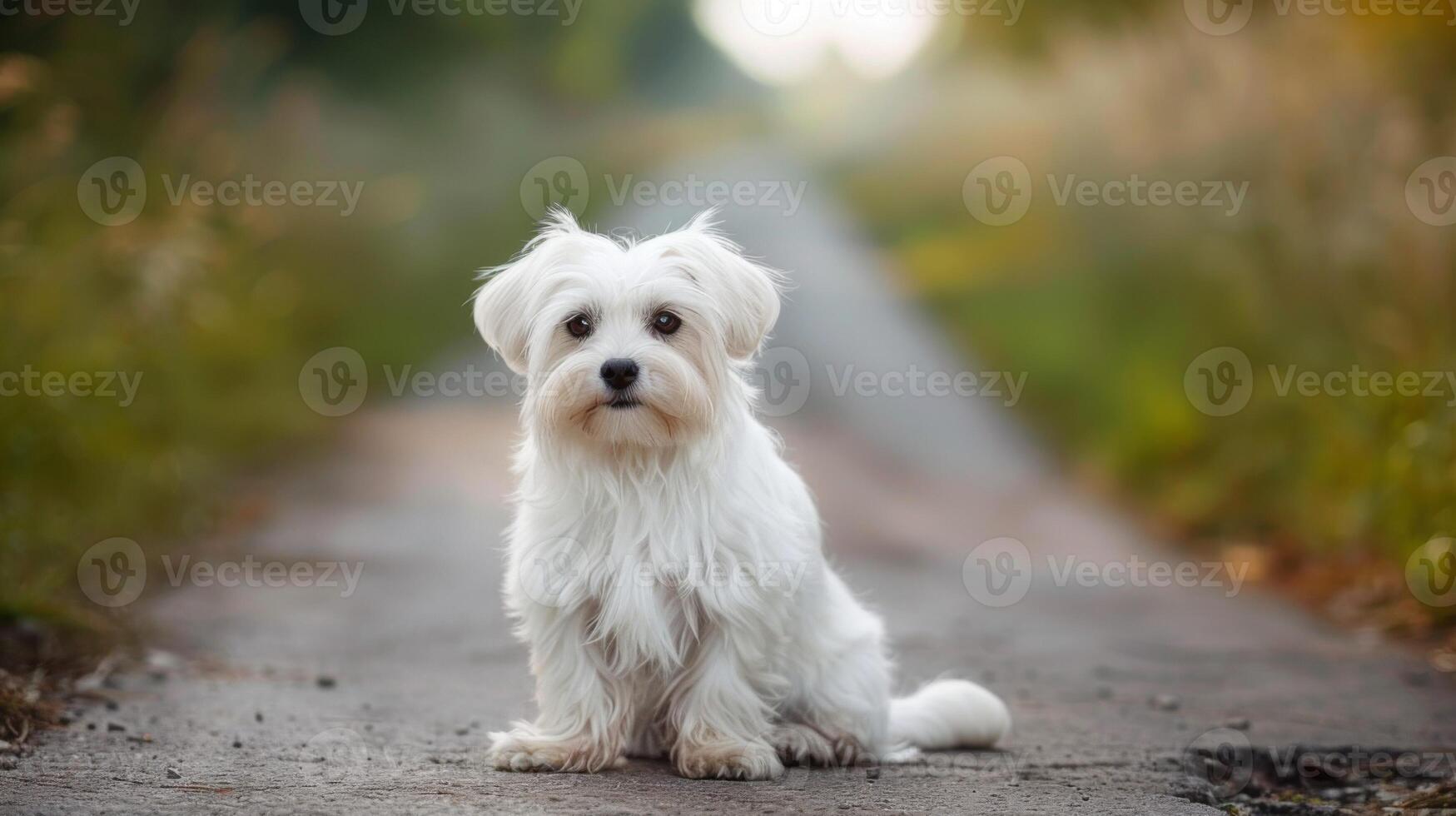 White Maltese dog sitting calmly on a pathway surrounded by nature in autumn photo
