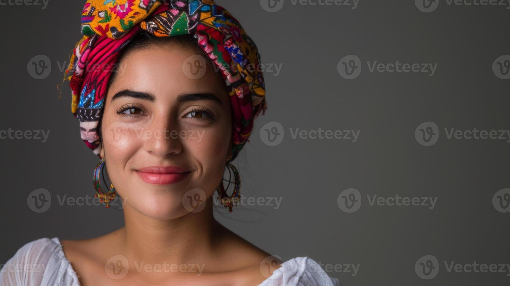 Venezuelan woman with a bright smile wearing a vibrant headscarf and cultural earrings in a cheerful portrait photo
