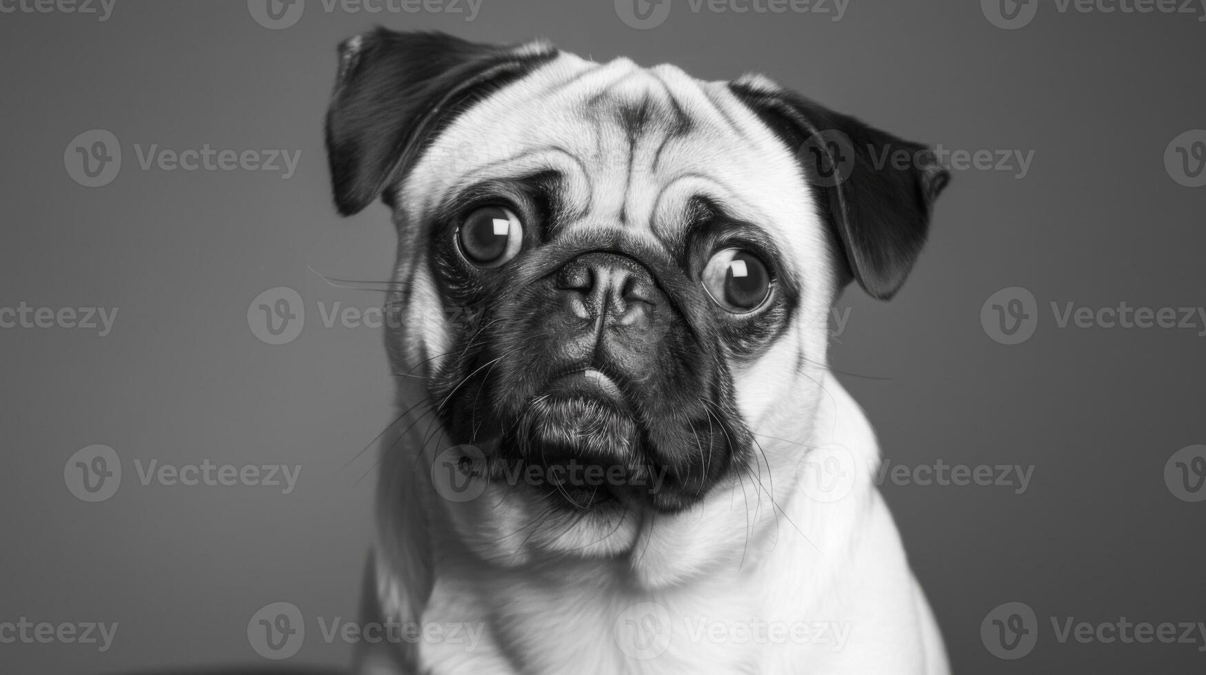 Pug dog pet portrait in black-and-white showcasing close-up expressive features photo