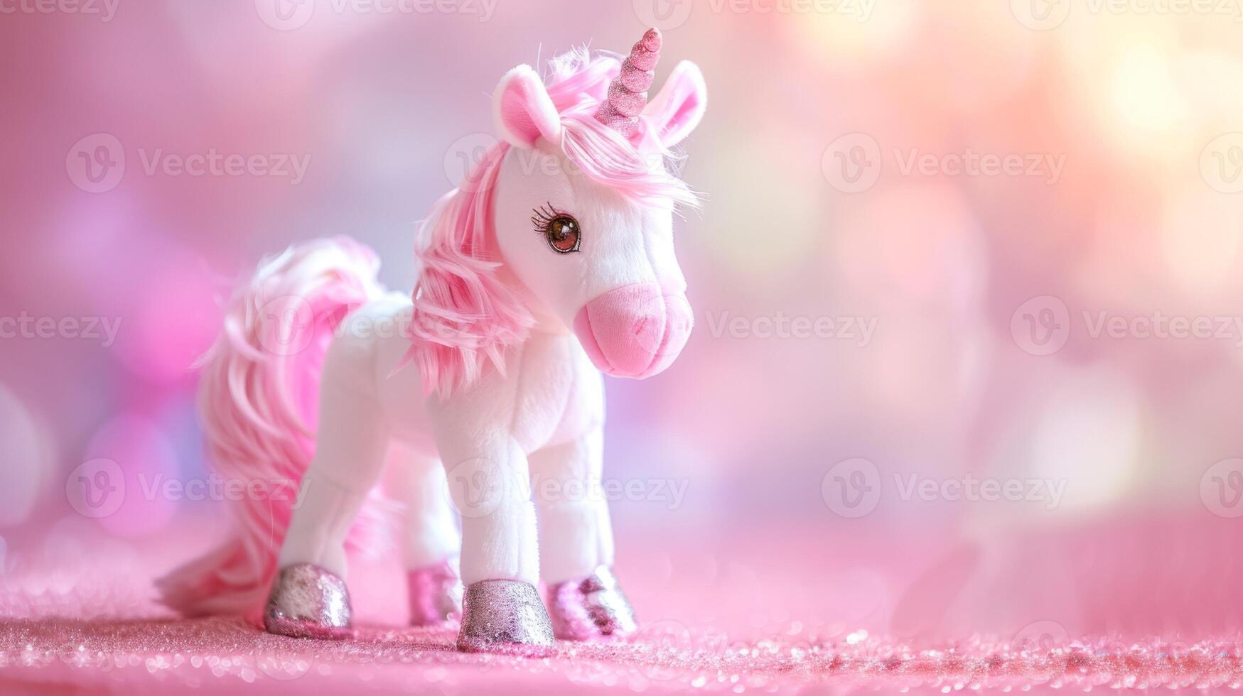 Pink fluffy unicorn toy with glitter and bokeh effect in a magical childhood fantasy setup photo