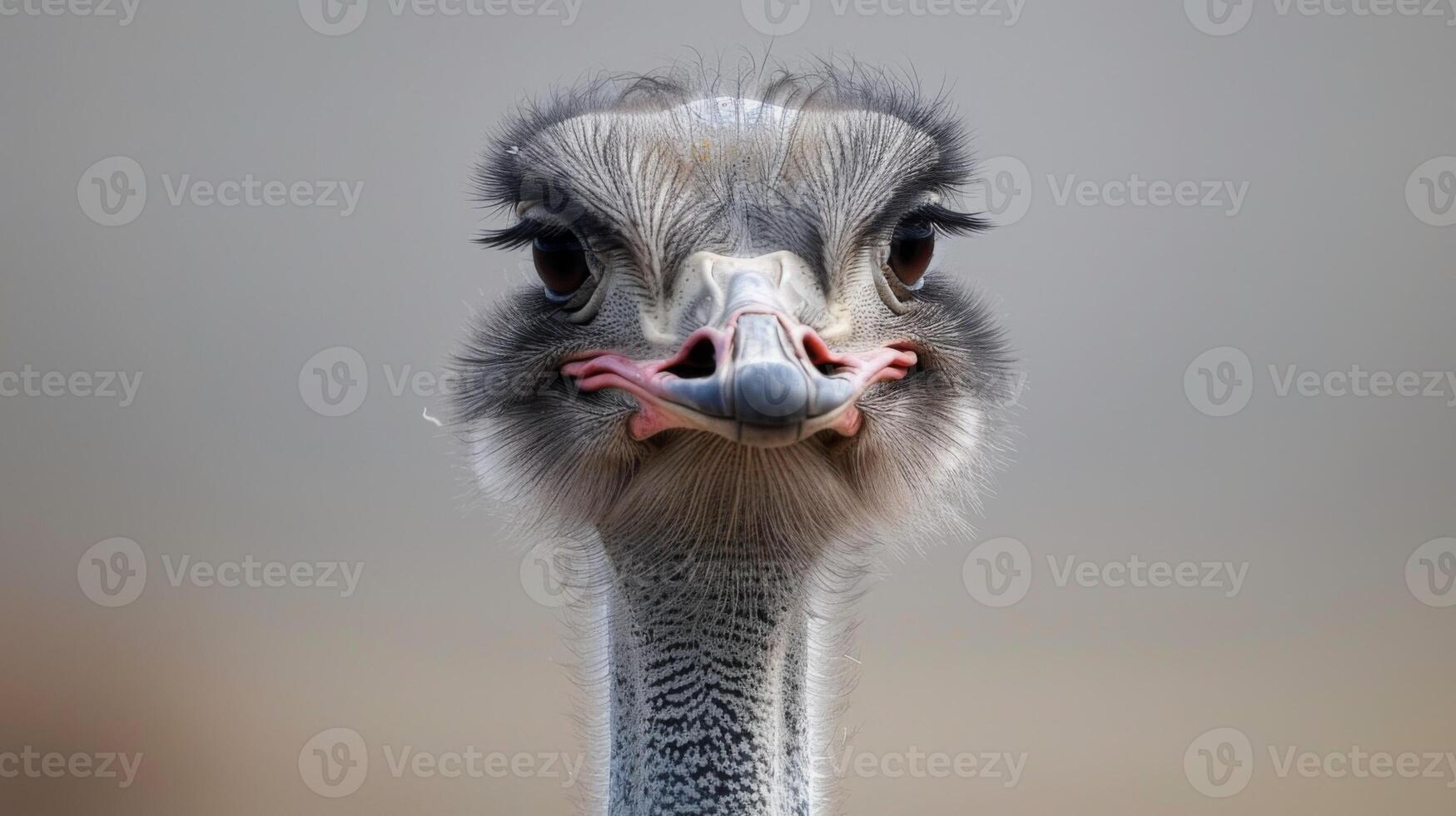 Close-up ostrich portrait with detailed feathers, beak, and intense eyes photo