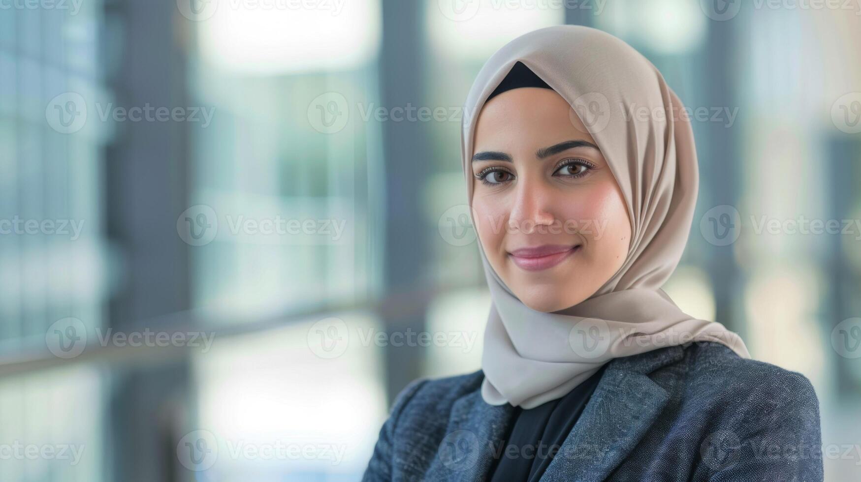 Professional woman in hijab as a finance analyst exuding confidence in a corporate office environment photo