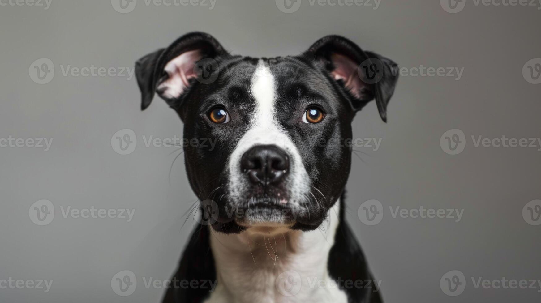 Black and white American Staffordshire Terrier dog with expressive eyes in a studio portrait photo