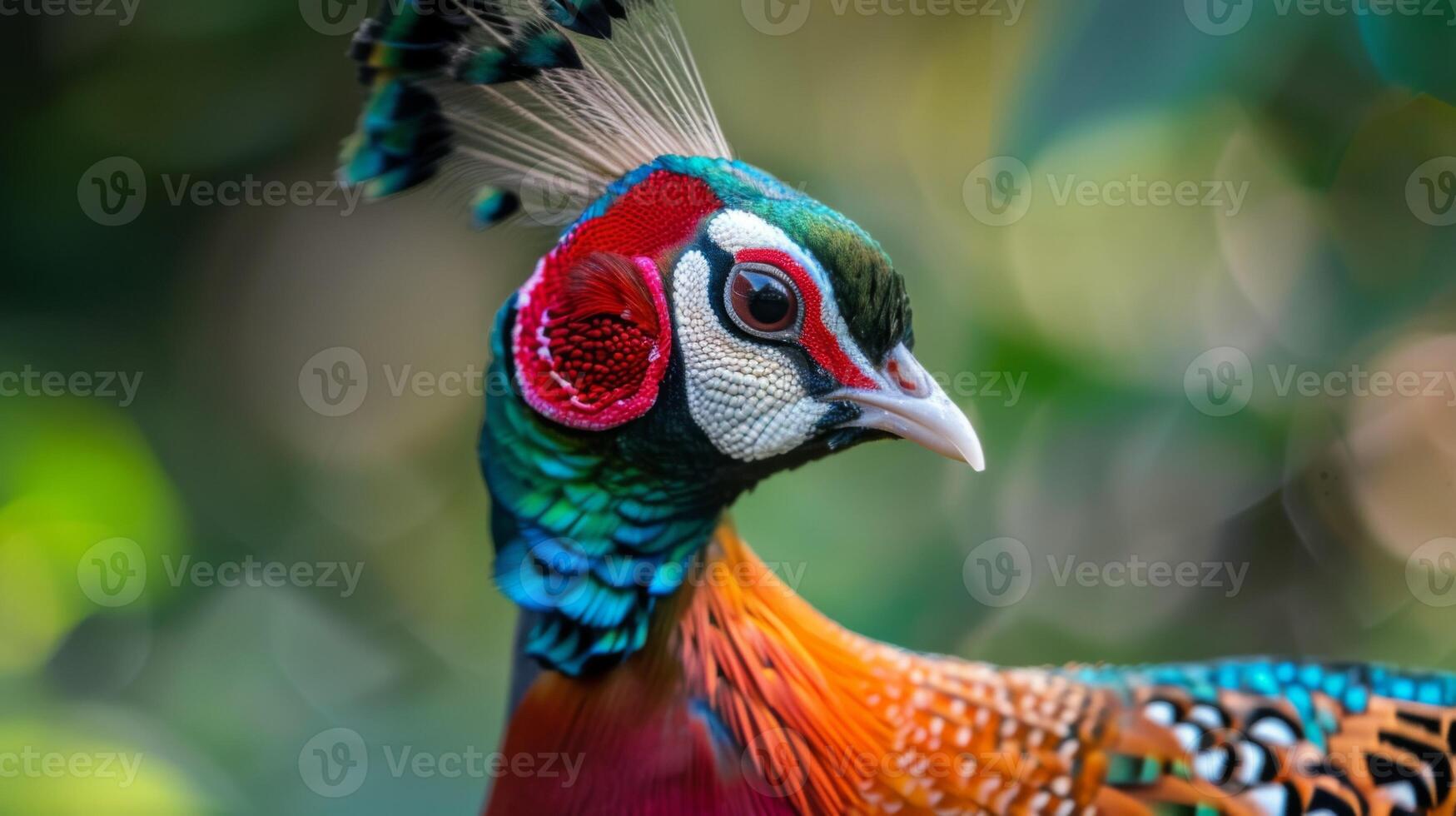 Portrait of a colorful peacock with vibrant feathers and intricate patterns in a natural setting photo