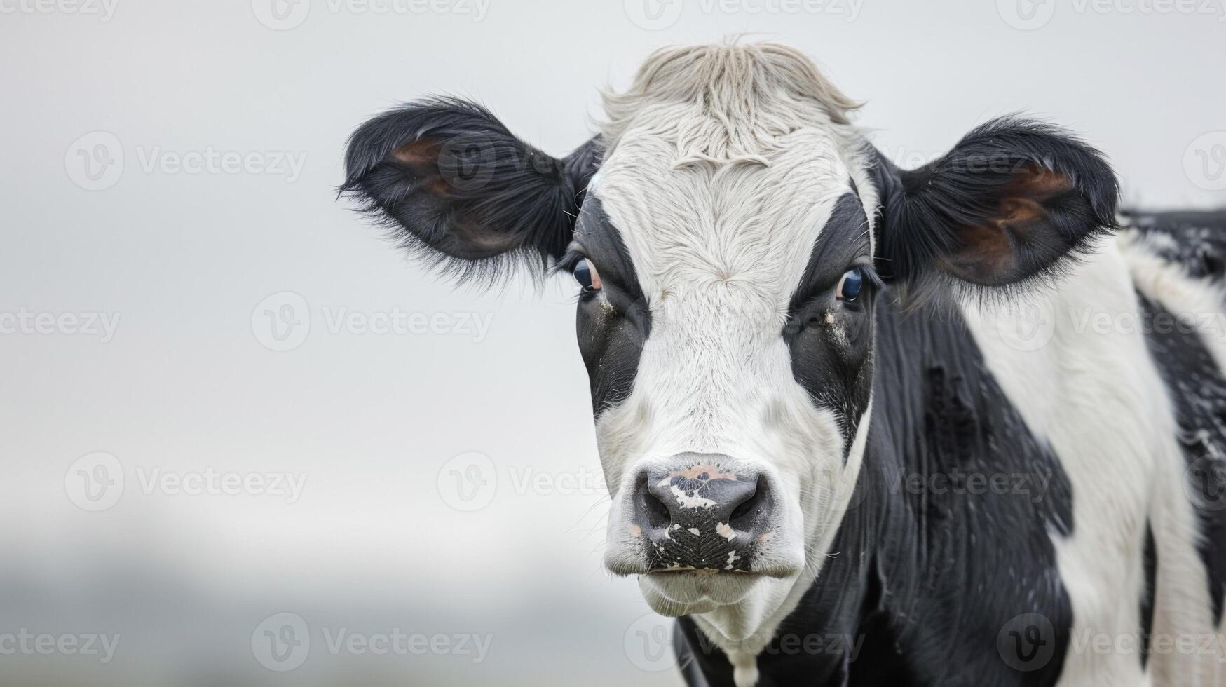 Close-up portrait of cow in a farm setting with a serene nature background photo