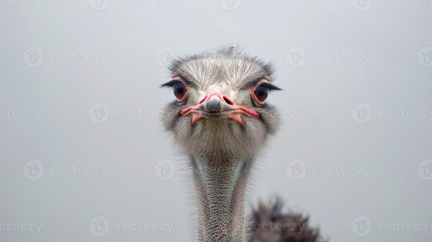 Ostrich close-up portrait showcasing its feathers, eyes, beak, and funny expression in nature photo