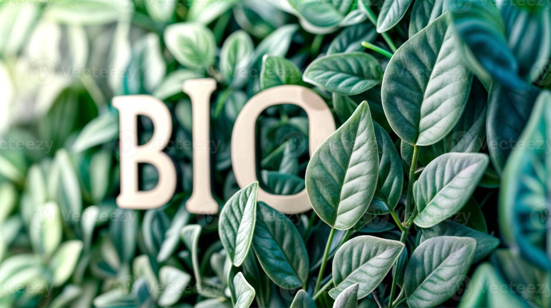 Bio text surrounded by lush green leaves symbolizing ecology and nature sustainability photo