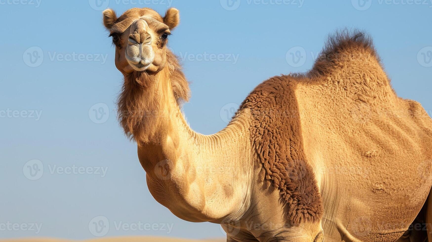 Close-up portrait of a serene camel in the desert with wildlife, mammal, hump, dromedary, and sand features photo