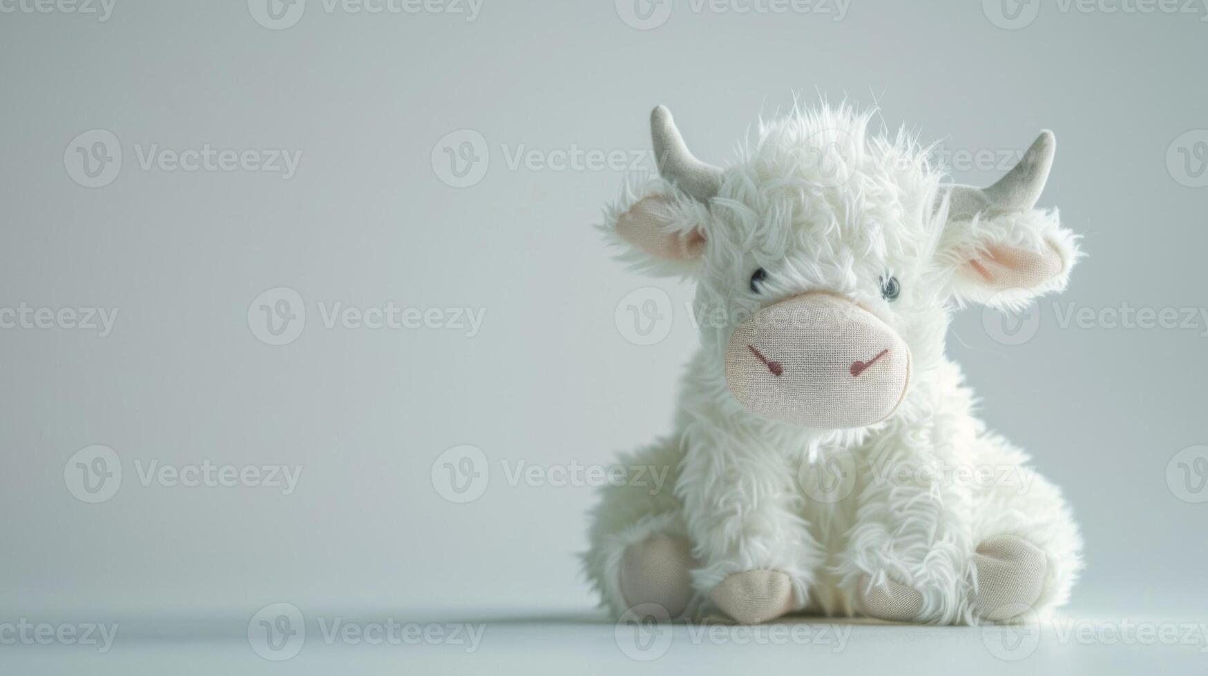Cute fluffy white cow plush toy sitting on pastel background photo