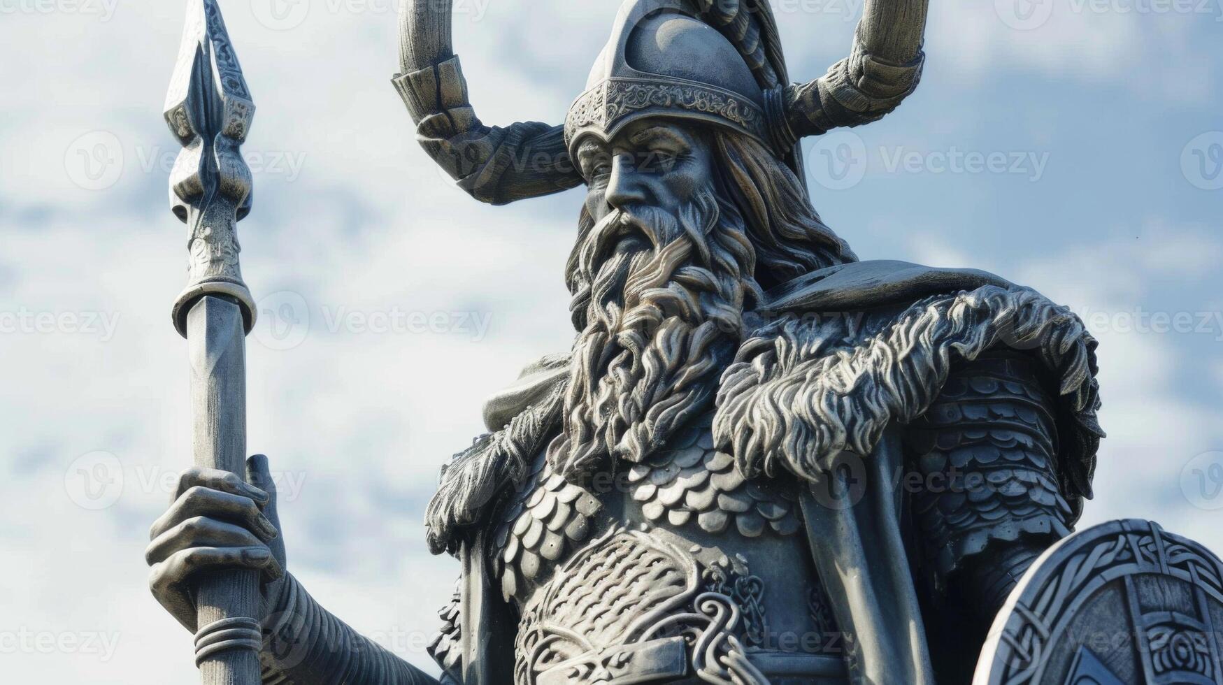 Odin Norse mythology statue captures the essence of the Viking god with spear and beard photo