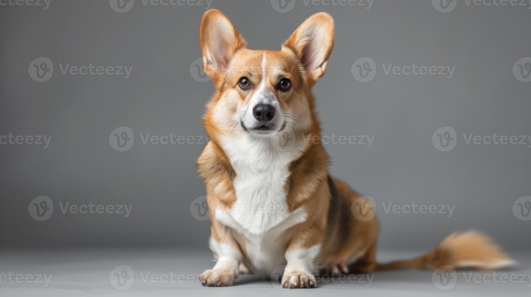 Cute Pembroke Welsh Corgi dog sitting in studio portrait with alert expression photo