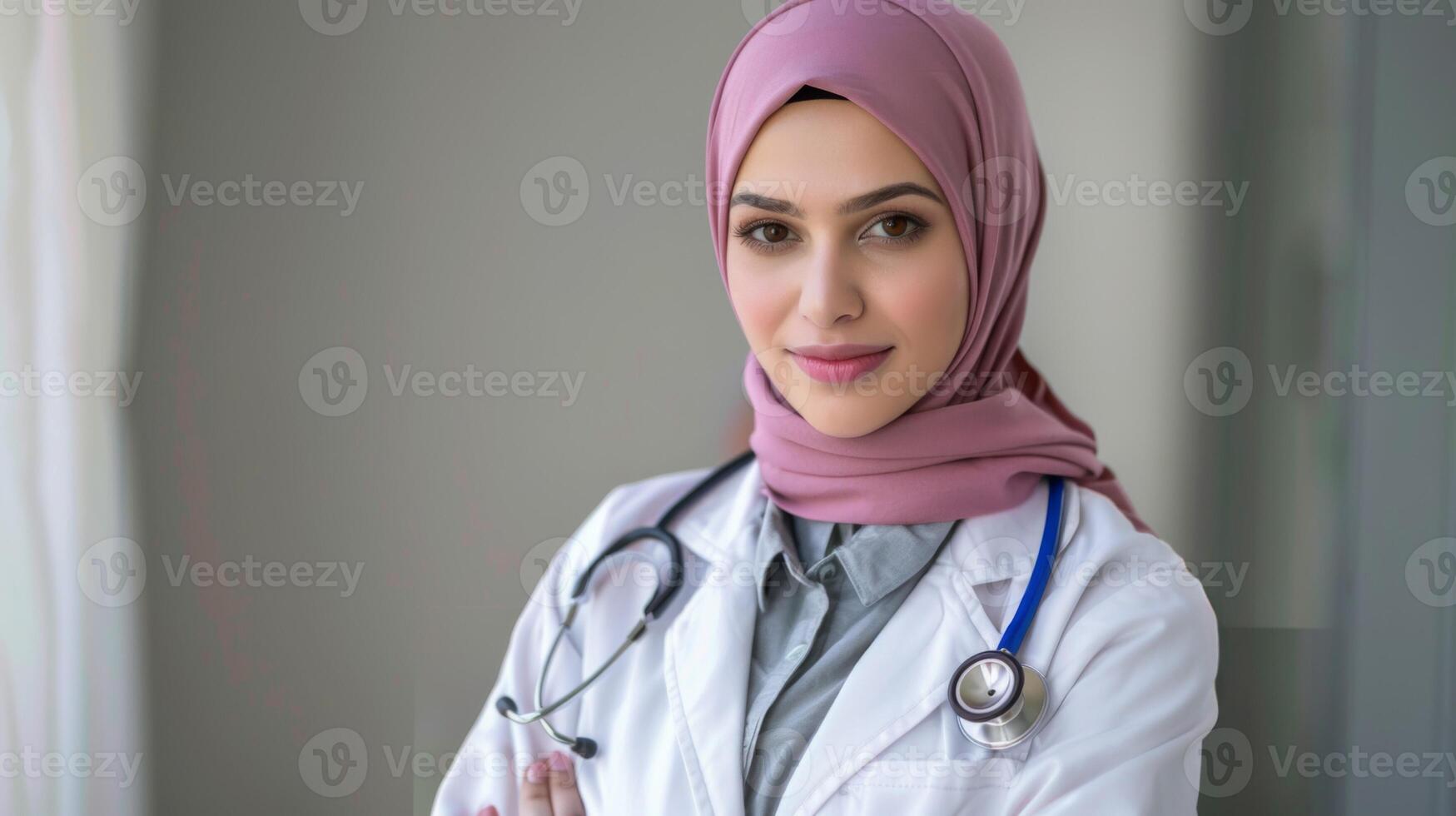 Smiling female veterinarian in hijab with stethoscope shows healthcare professionalism and confidence photo