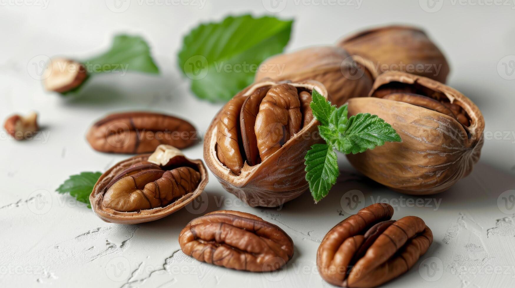 Pecans on a table with open shells and whole nuts showcasing their texture and freshness photo