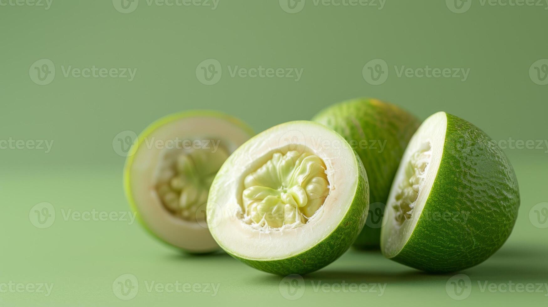 Half-cut green walnuts on a vibrant background illustrating food, nuts, shell, fresh, and healthy concepts photo