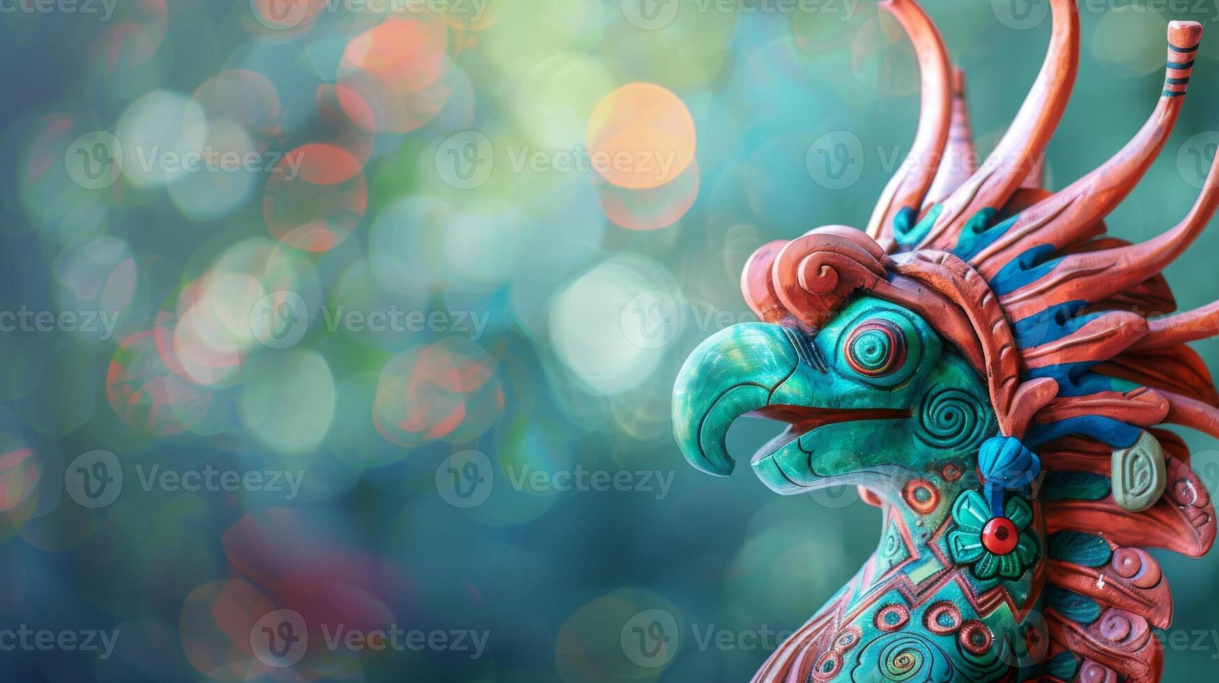 Quetzalcoatl Aztec sculpture of a mythological deity with turquoise and red feathers in a close-up shot photo