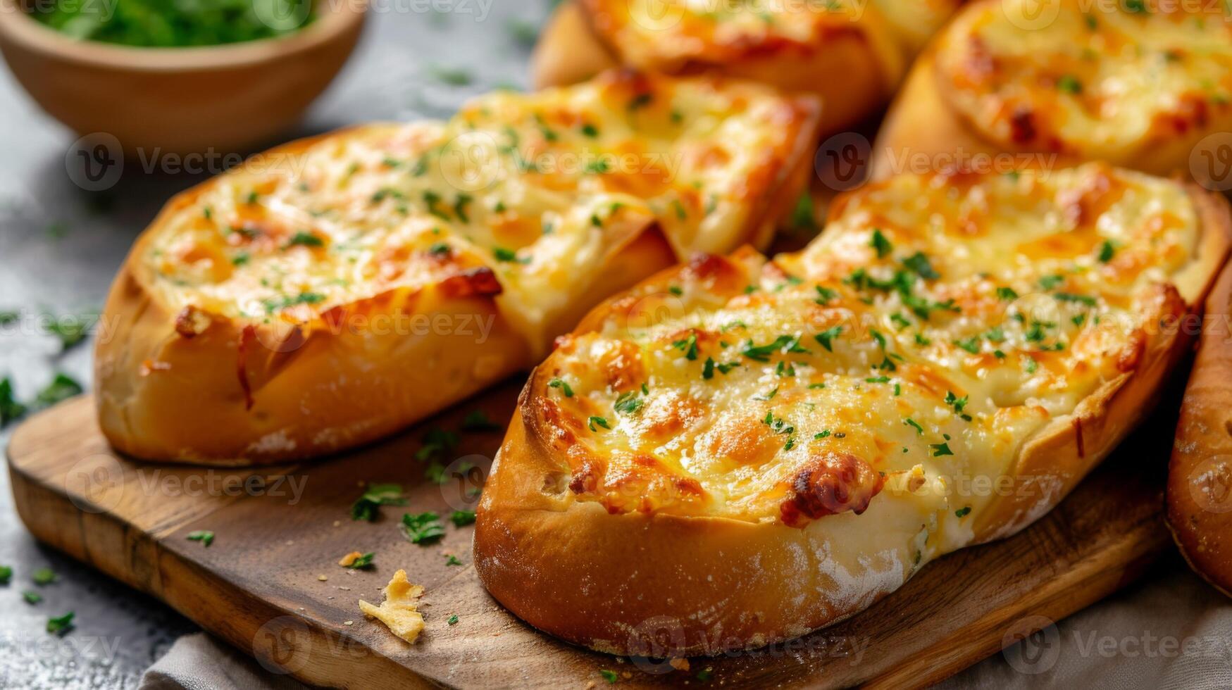 Garlic bread with cheese and parsley baked to a golden delicious finish photo