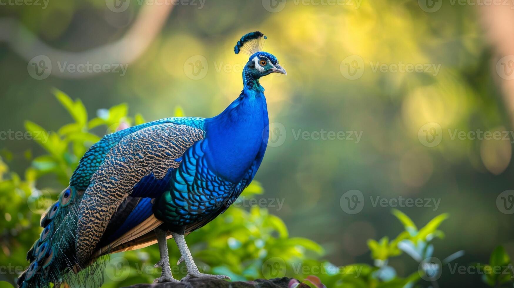 Majestic peafowl with colorful plumage and iridescent feathers perching in nature photo