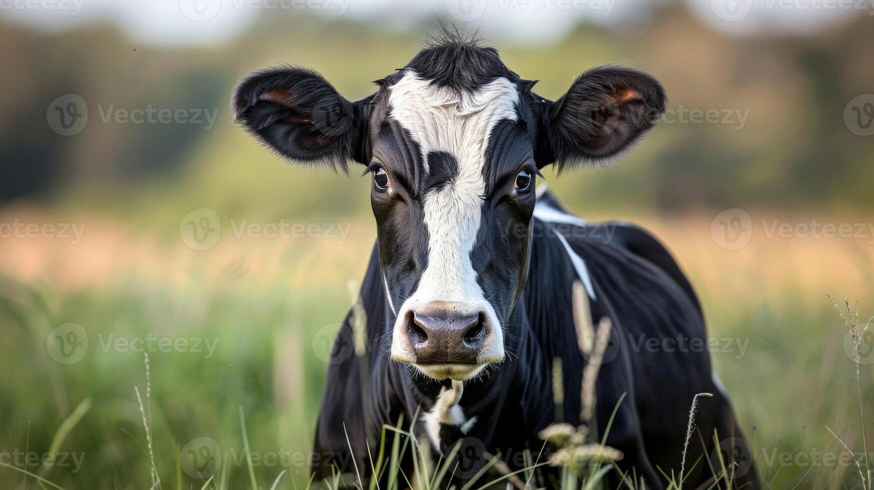 Cow headshot in a serene field with a calm gaze among nature and pasture photo