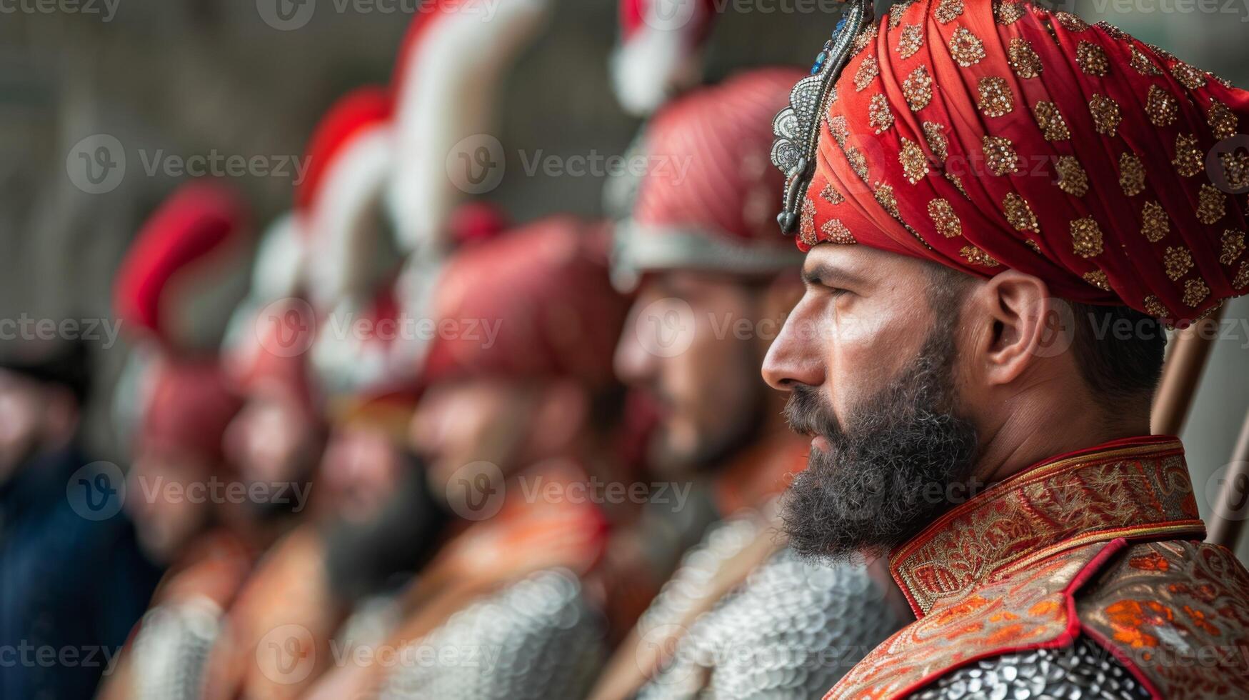 Janissary in Ottoman uniform with reenactment gear featuring embroidery and feathered turban photo