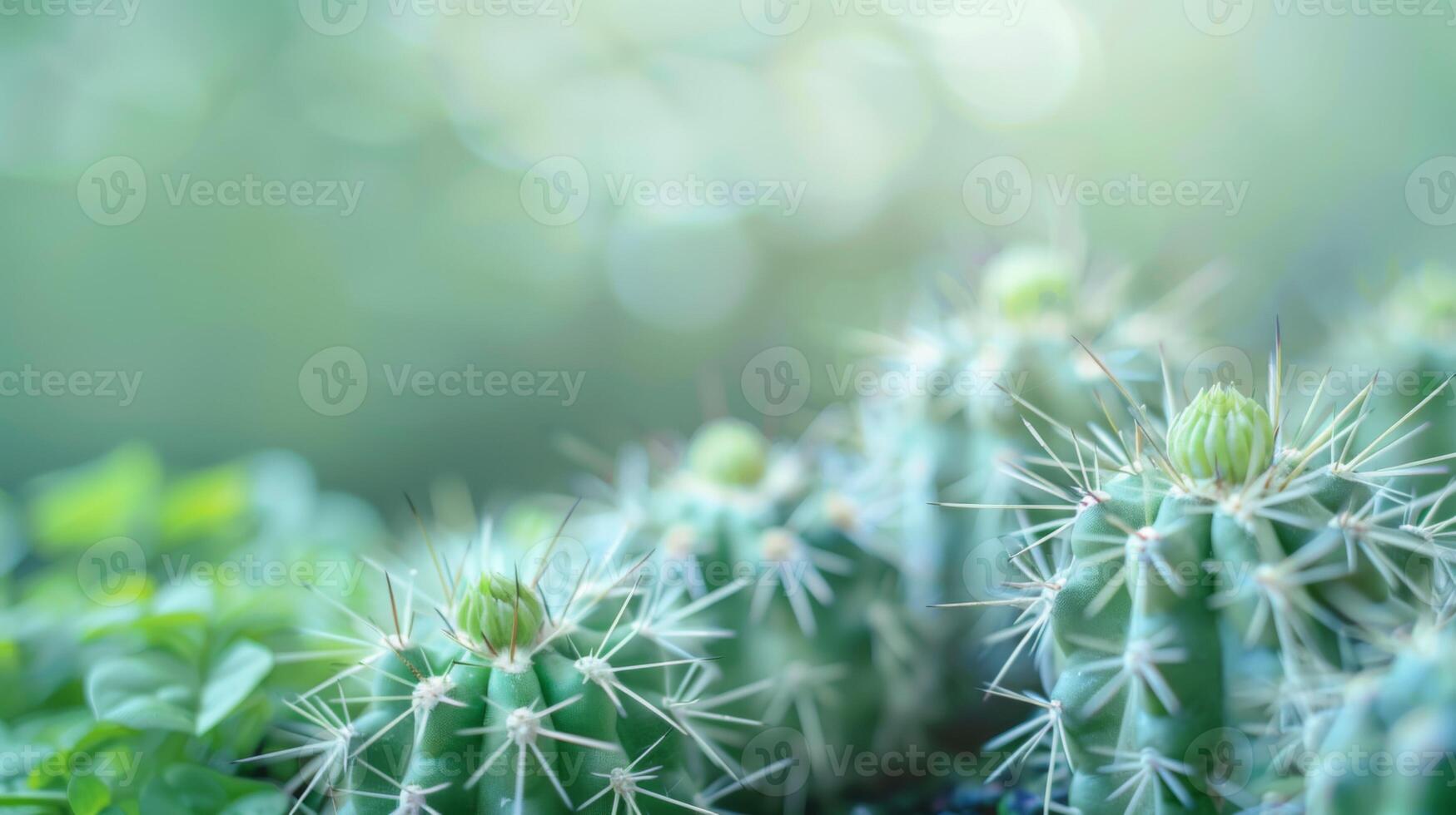 Cactus plant with green succulent spikes and nature elements in a garden with soft bokeh background photo