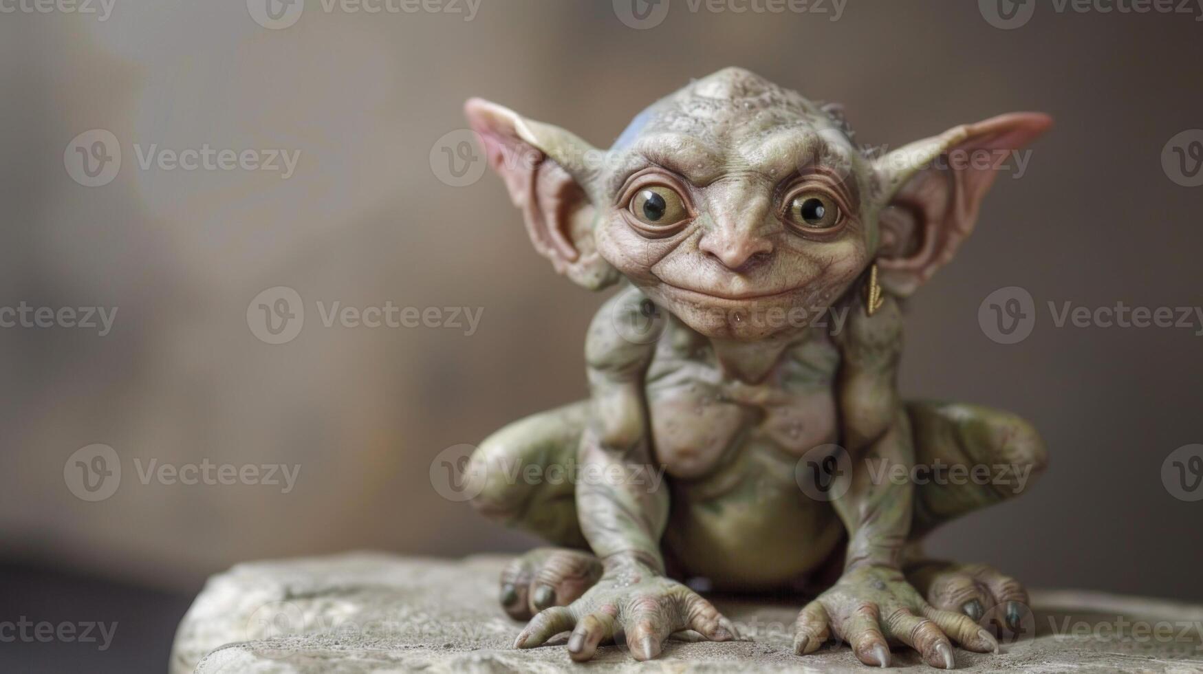 Detailed gray goblin figurine portrays a whimsical and mythical creature with textured craft art photo