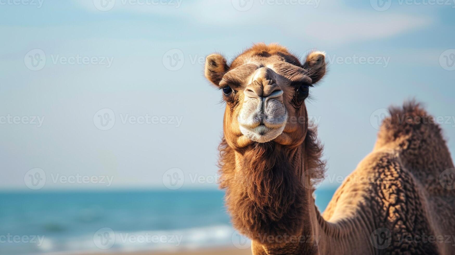 Camel portrait on the beach with bokeh effect showcasing fauna and wildlife in nature photo