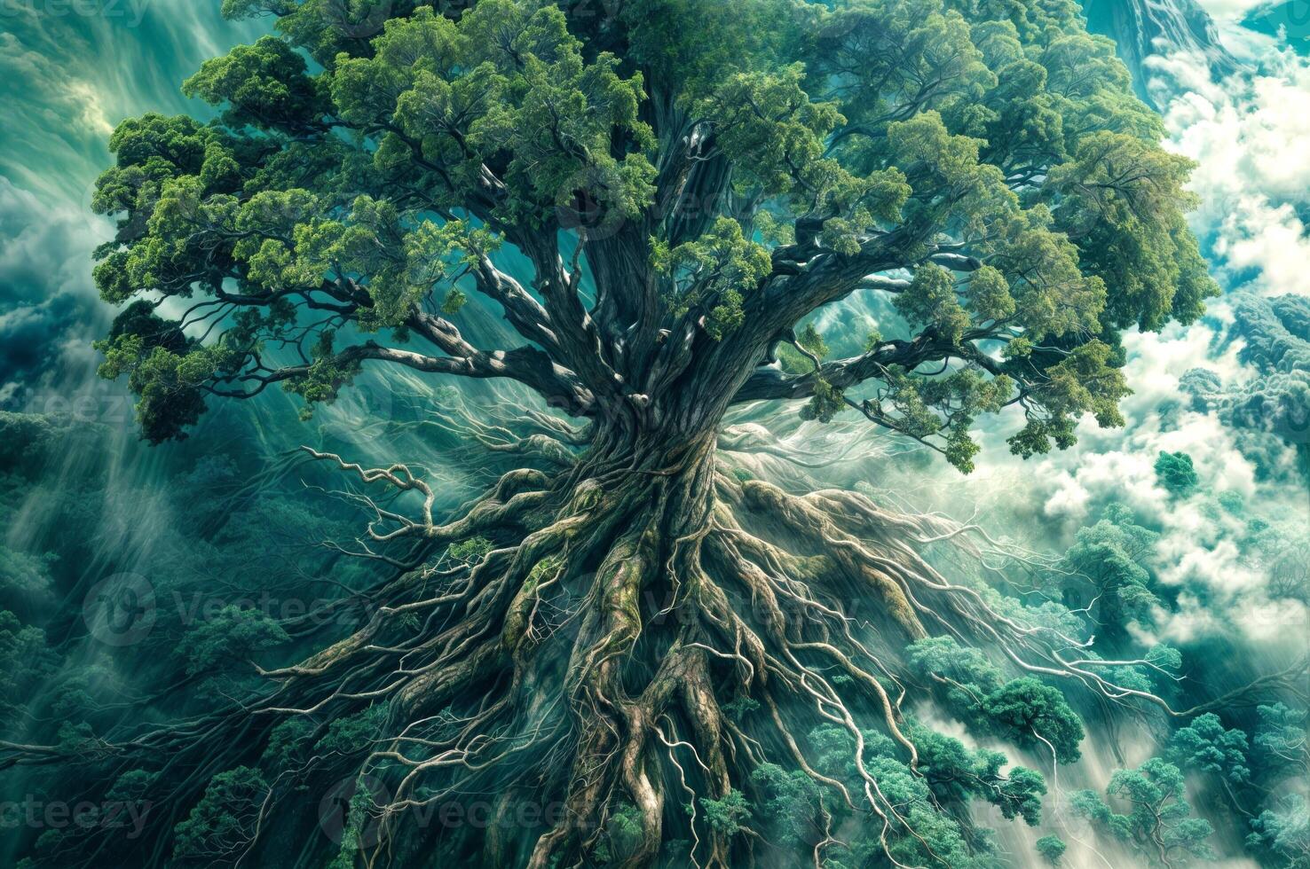 Majestic Yggdrasil tree of life rooted in Norse mythology and fantasy with ancient mystical roots photo