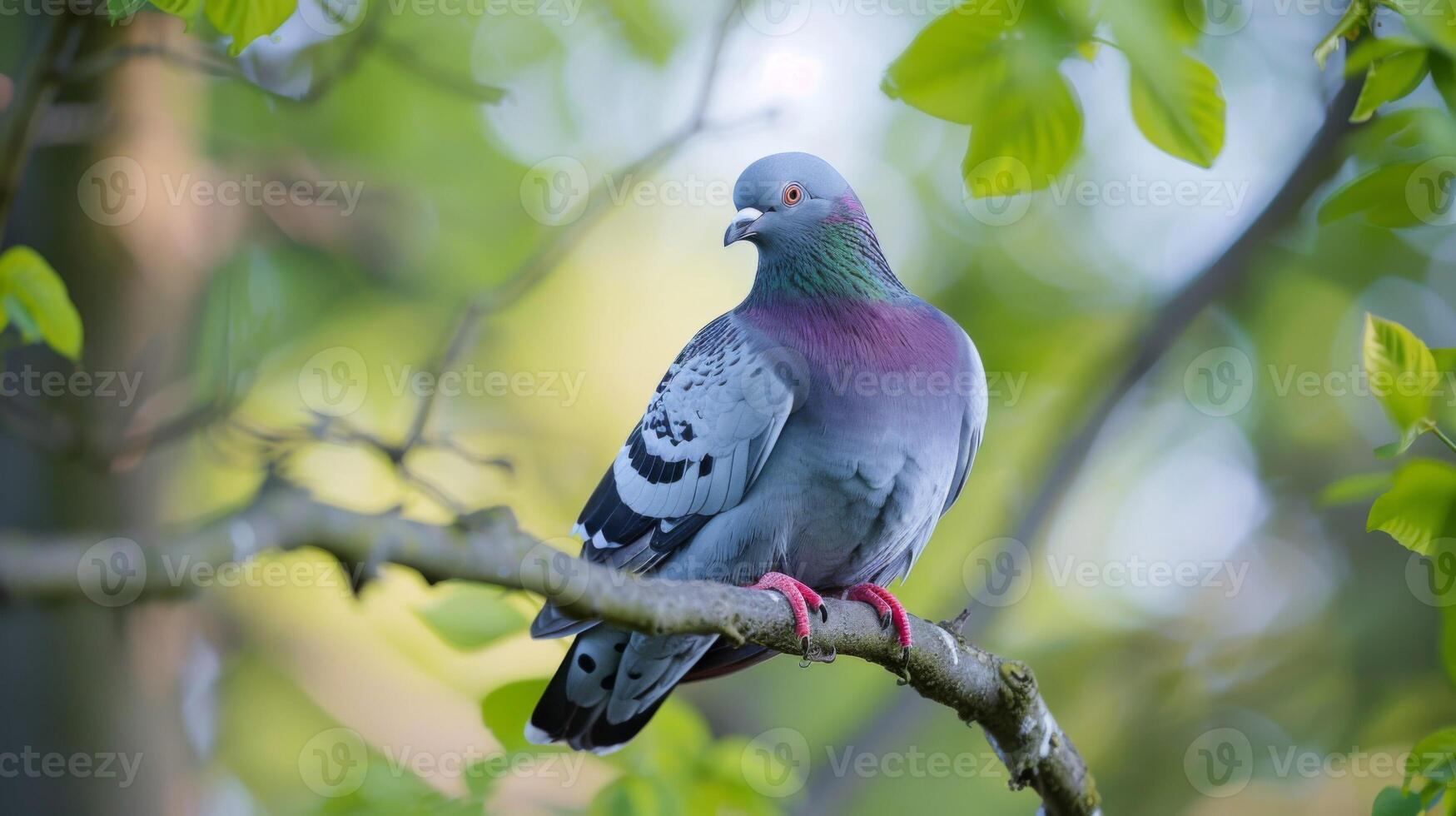 Pigeon perched on tree branch with vibrant plumage and blurry green leaves background photo