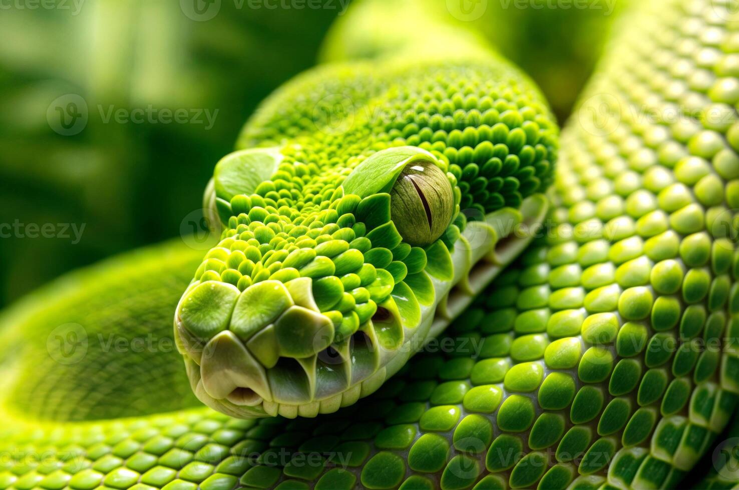Close-up of a green snake with vibrant scales and reptile texture in nature photo