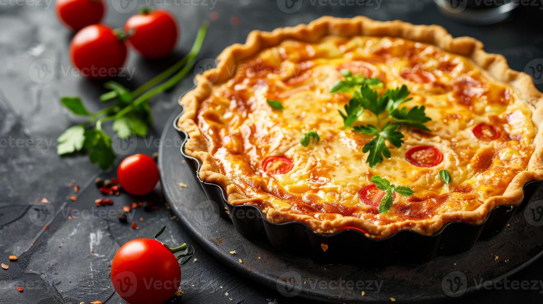 Gourmet Quiche with tomato parsley cheese baked crust offers a traditional and delicious meal for any dining occasion photo