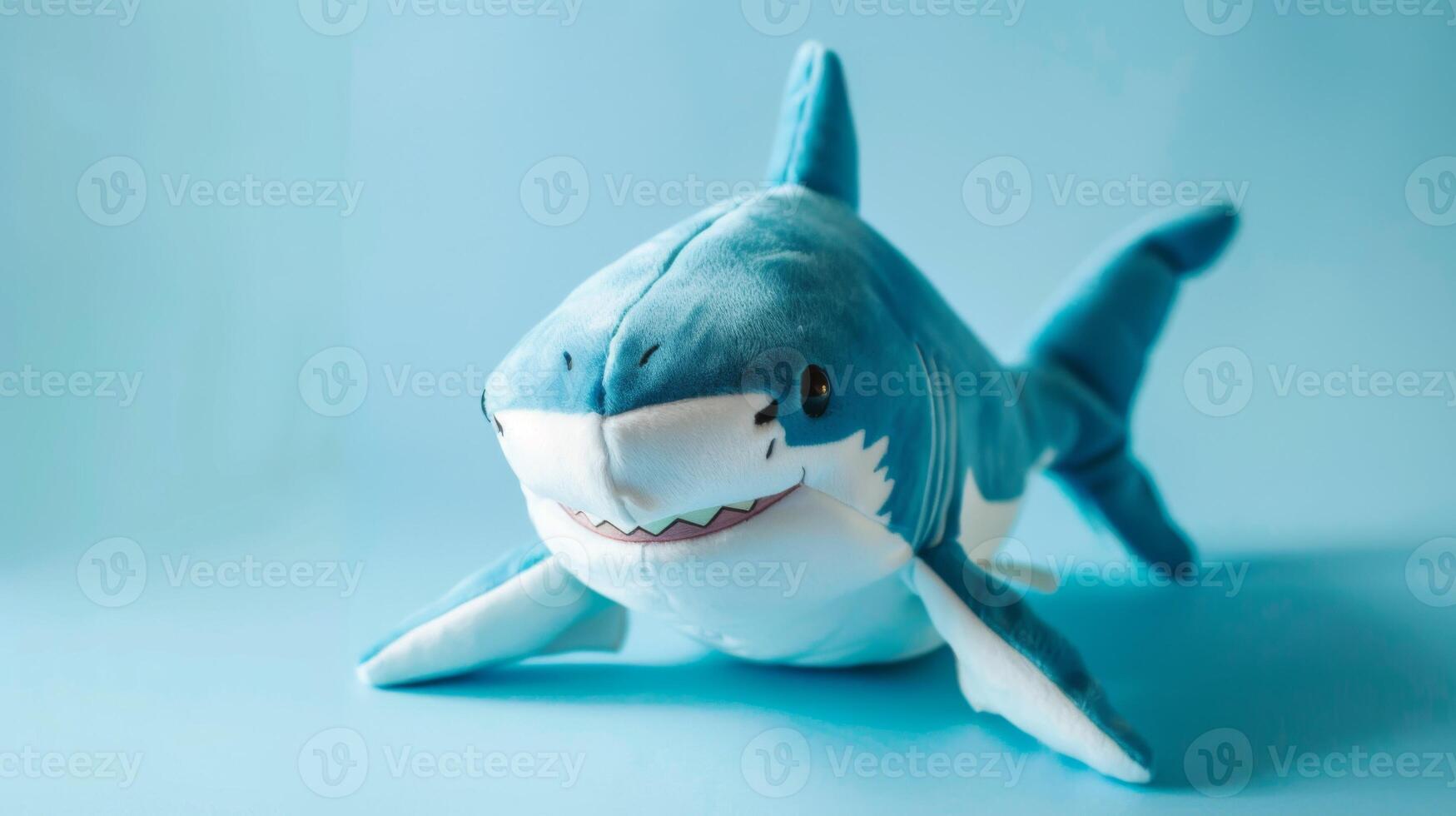 linda azul tiburón relleno juguete con sonriente cara y acuático tema en un suave antecedentes foto