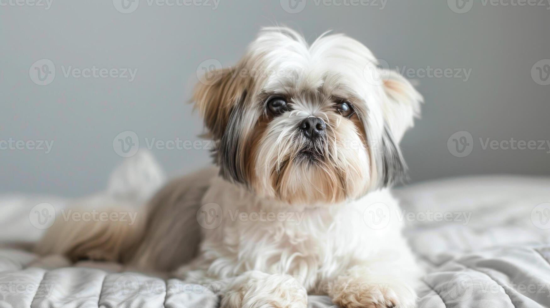 Cute Shih Tzu dog with fluffy white and brown fur lying on a soft bed indoors photo
