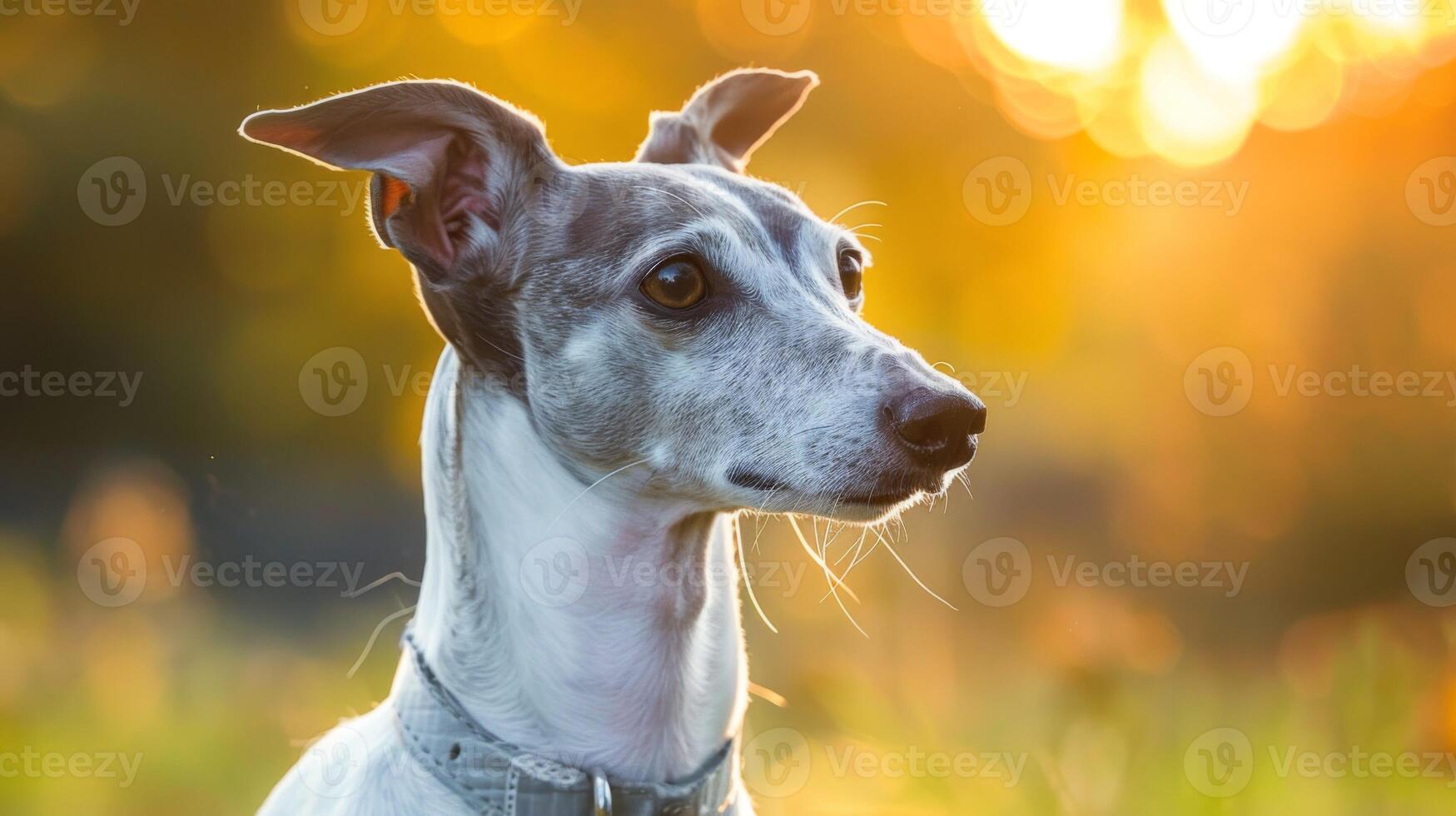 Whippet dog portrait in sunlight with bokeh effect and nature background photo