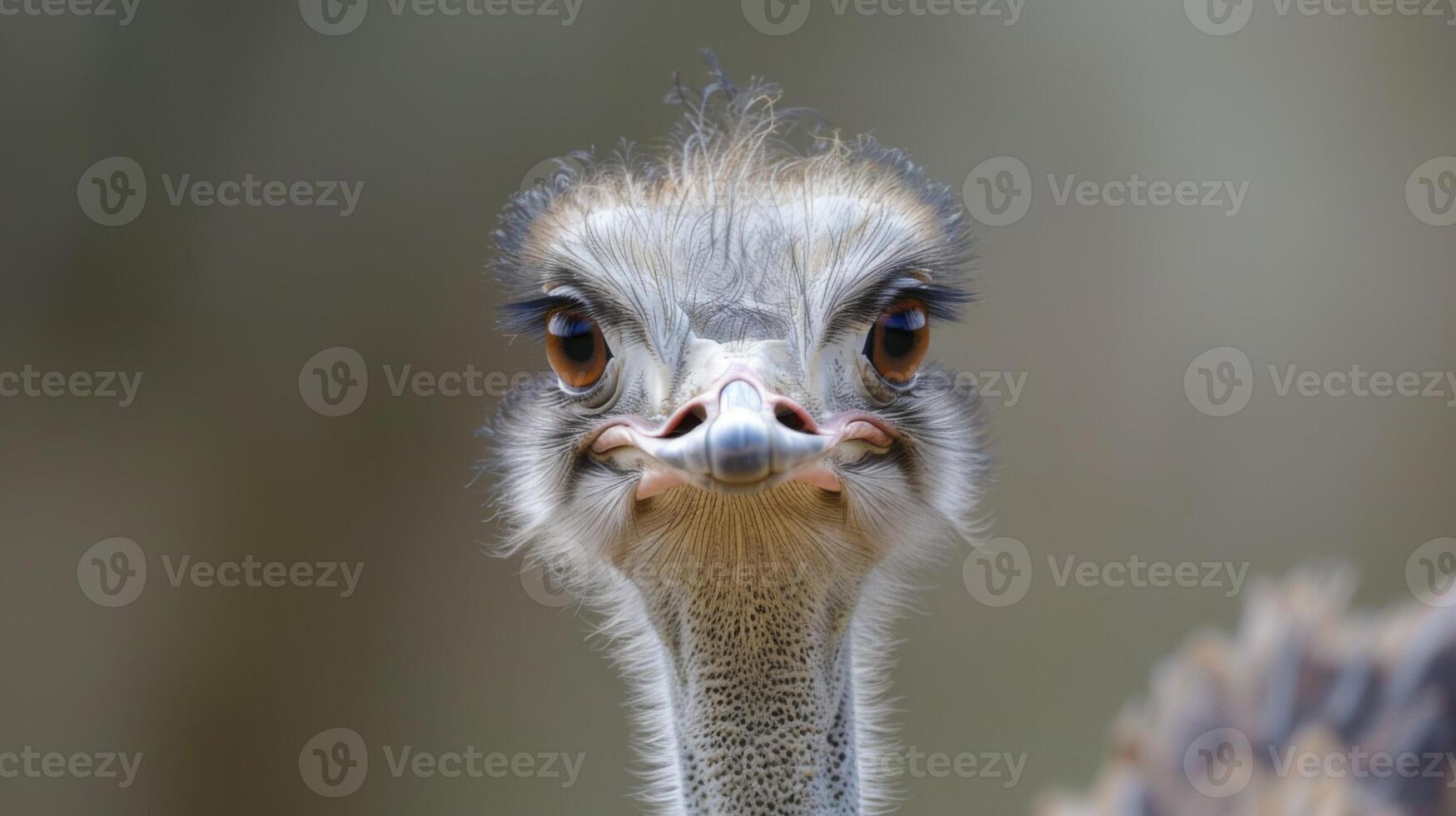 Close-up portrait of an ostrich with a focused gaze and detailed features in a natural habitat photo