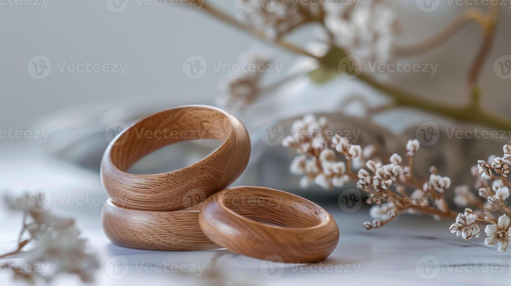 Wooden rings elegant handcrafted design in natural soft focus with artisan texture photo