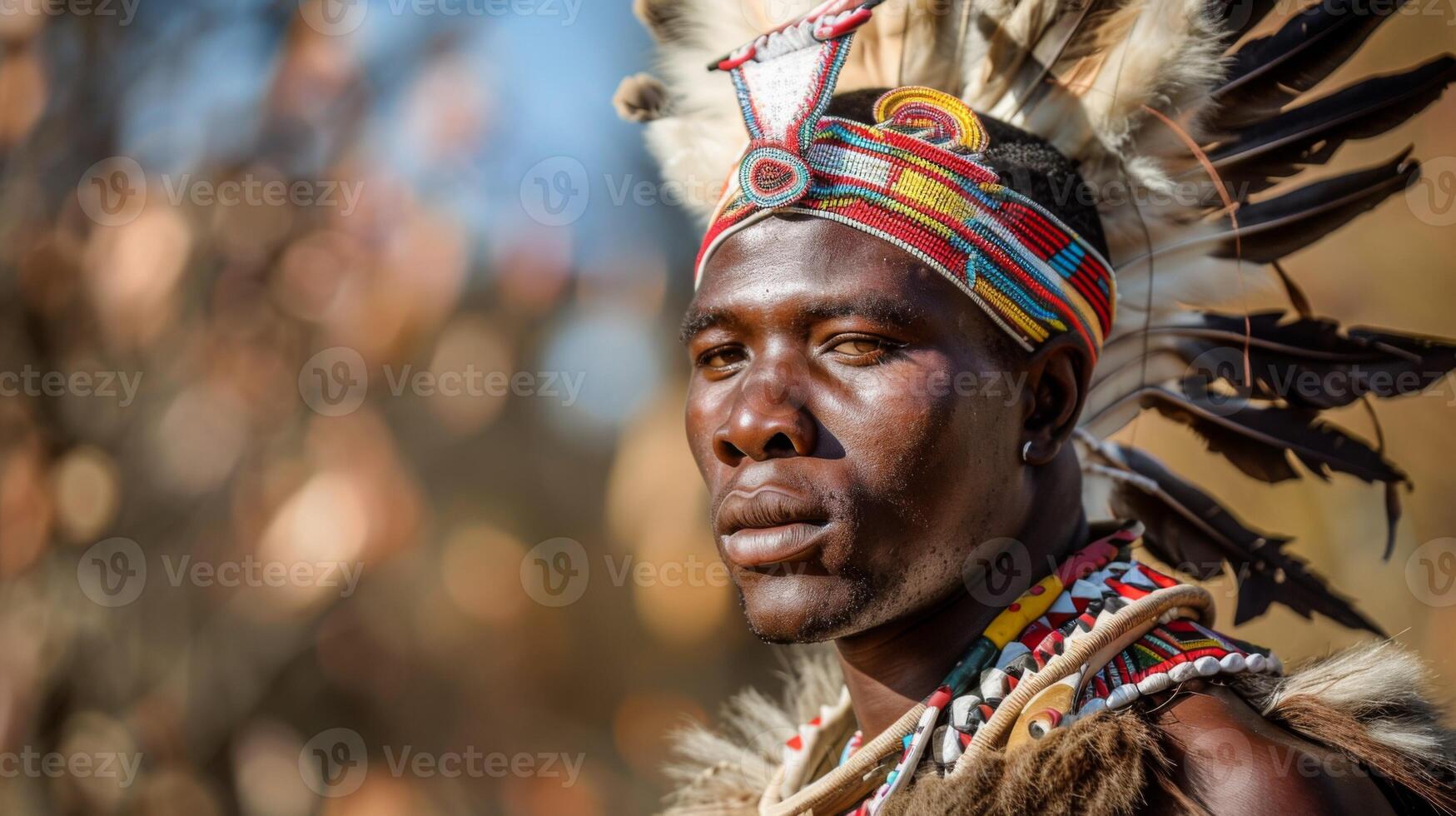 Traditional Zulu warrior in cultural tribal attire with headdress and beads photo