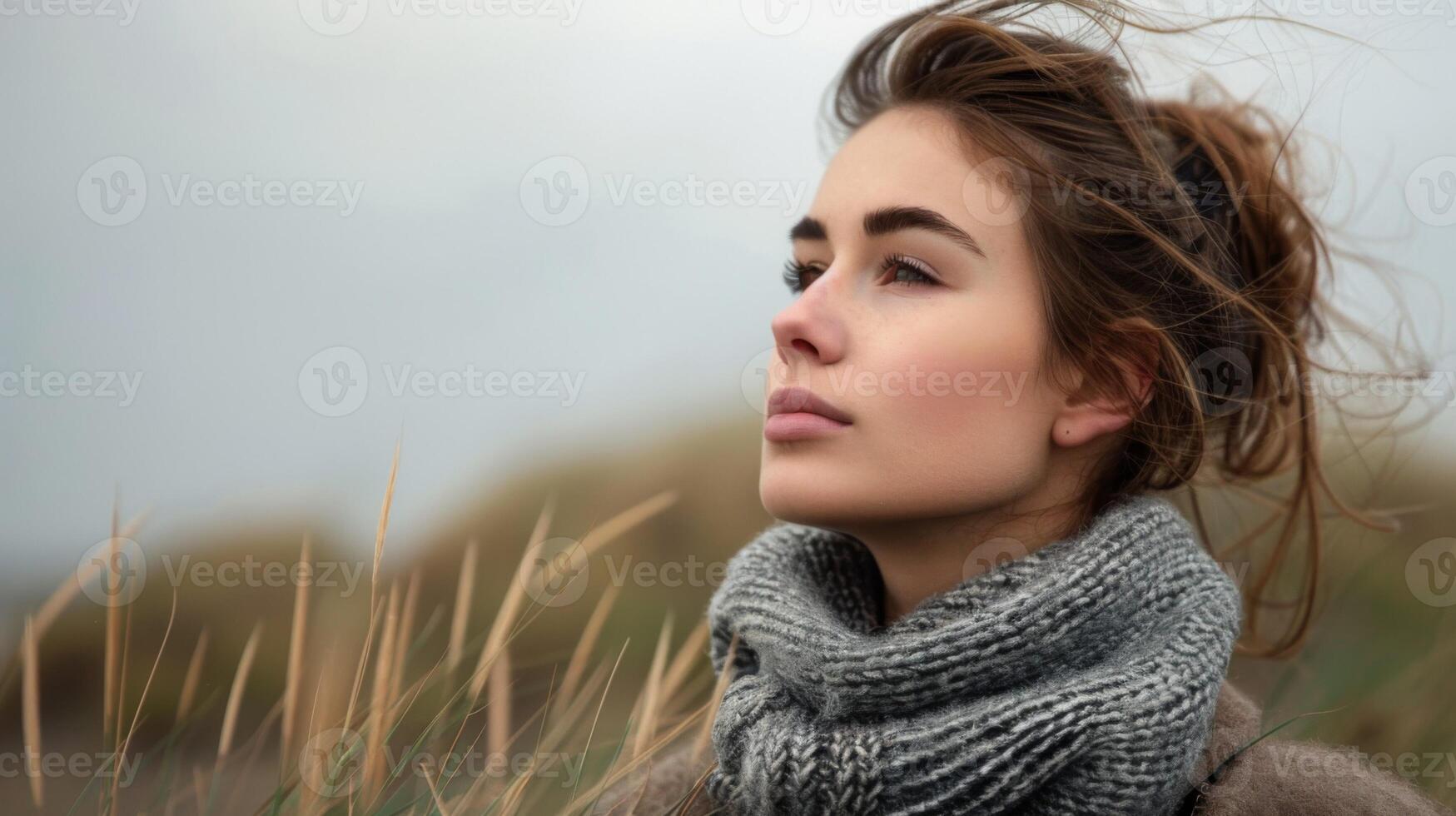 sereno irlandesa mujer en naturaleza retrato con azotado por el viento pelo y un elegante bufanda durante otoño foto