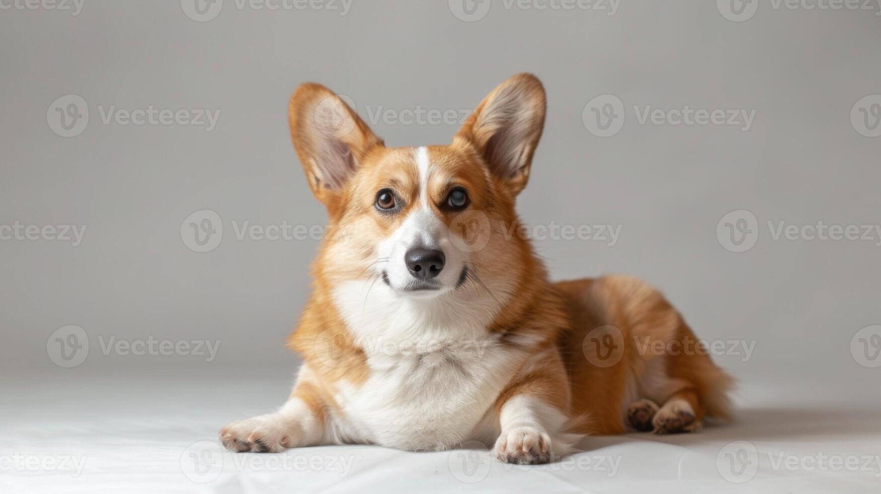 A Pembroke Corgi canine lying attentively in a studio environment photo