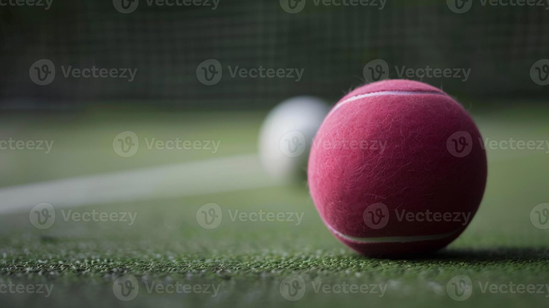 Close-up of a pink squash ball with textured fibers on a synthetic grass court photo